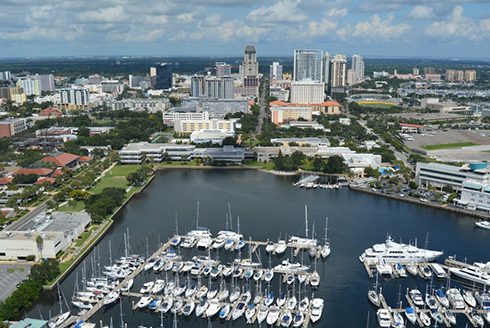 Aerial view of the campus and downtown St. Petersburg