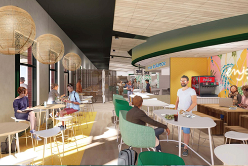 Artist rendering of people eating at the new dining facility