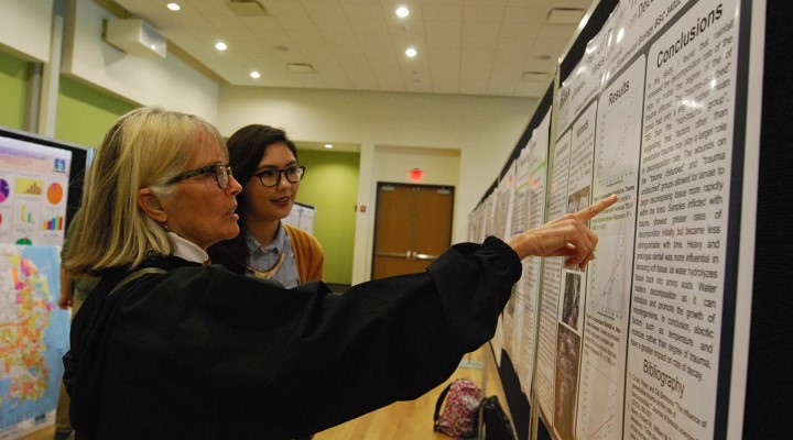 Professor and student looking at a research poster