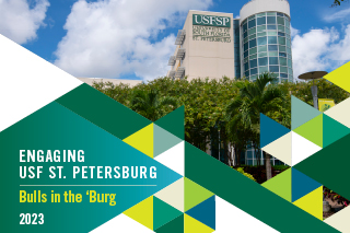 The USC building with "Engaging USF St. Petersburg" over it