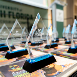 Clear, glass award trophies