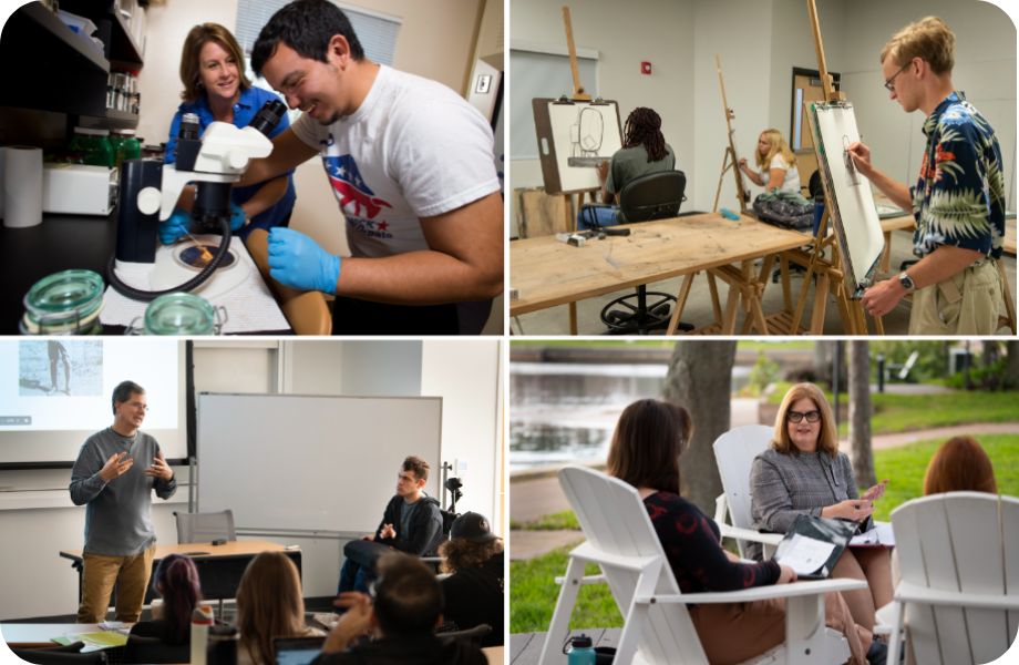 A collage of four pictures, students doing various academic and leisurely activities.