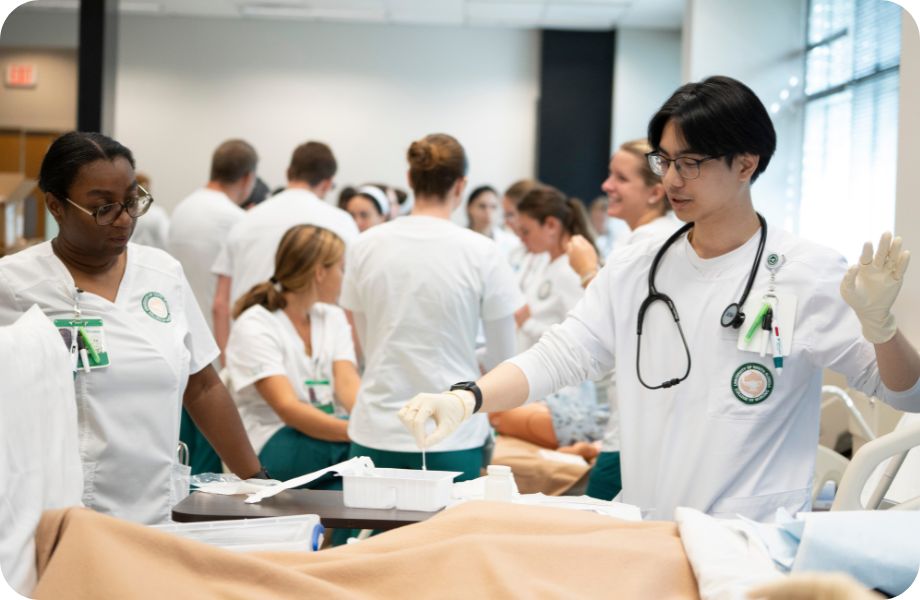 Nursing students working in a clinical setting. 