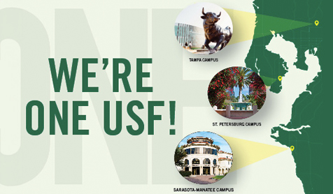 A map of the Tampa Bay area showing the locations of the Tampa, St. Pete, and Sarasota campuses with the words We're One USF!