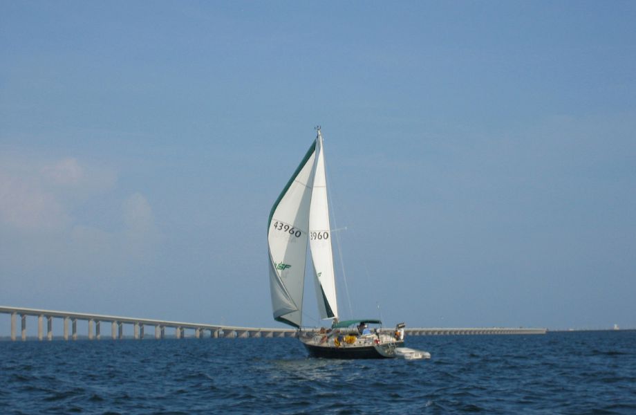 Sailboat with "USF" written on the sails with bridge in the background