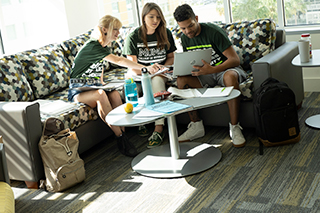 Students sitting on a couch looking at a laptop.