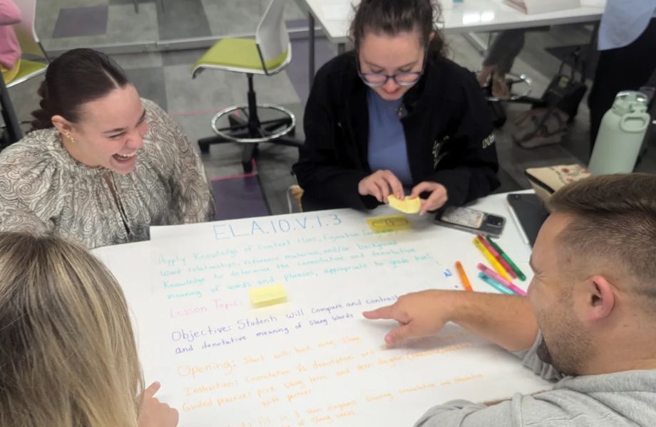Group of students laughing and working on project. 