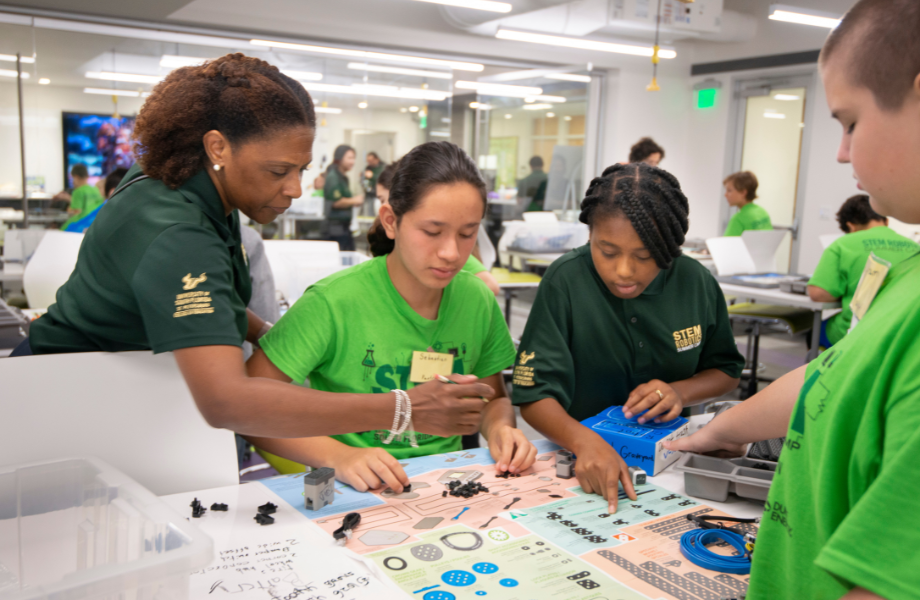 Young students and educator working on STEM project