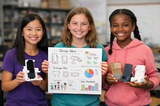 One girl holding up a paper with a design plan and two girls on either side of her holding up prototypes of phones