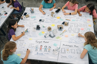 A group of students sitting around a large table covered in paper on which they are drawing and writing notes