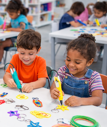 Two children sitting at a table holding 3D pens that are creating lots of colorful objects in various shapes.