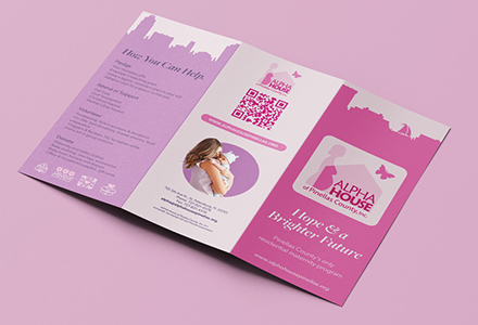 alpha house tri-fold brochure design 