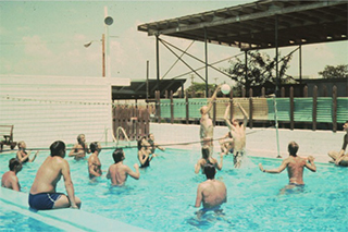 water volleyball at campus pool in 1979