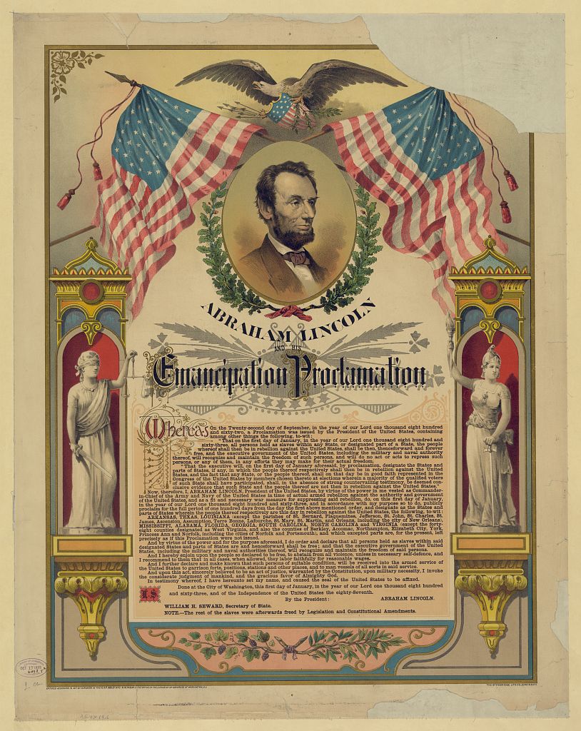 A portrait of Abraham Lincoln with two U.S. flags above the words of the Emancipation Proclamation