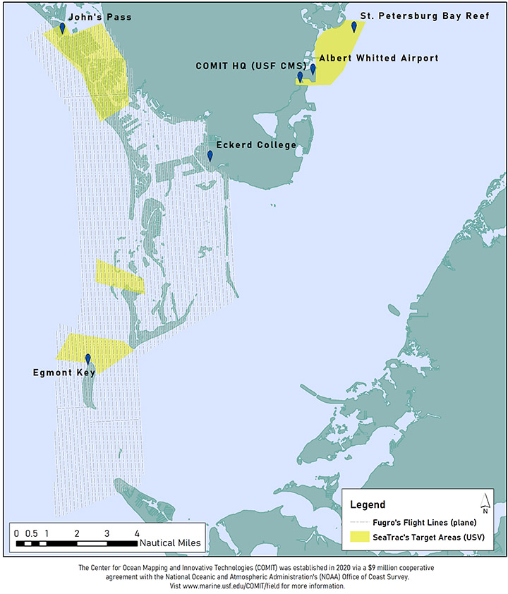 Target areas for the USV and plane on this inaugural coastal mapping expedition in Tampa Bay and the Gulf of Mexico.