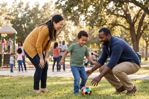 Two adults and a child playing with a soccer ball at a park. 