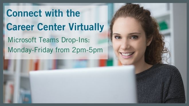 Woman on computer advertising virtual drop-ins - M-F 2-5pm on Teams