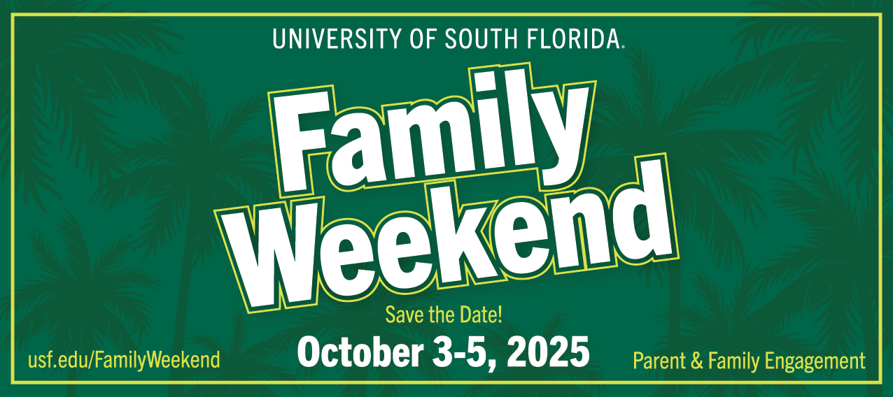 The words "Family Weekend" and "Save the Date! September 20-22, 2024" overlaid on background of green palm trees