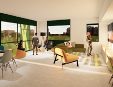 rendering of interior common space in Osprey residence hall