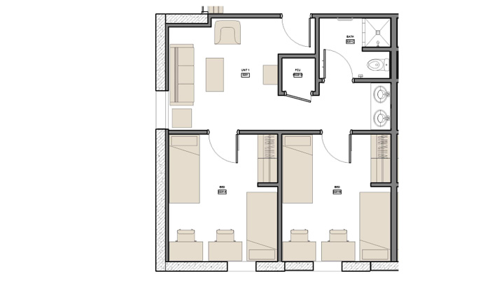 shared 2 bedroom floor plan in osprey residence hall