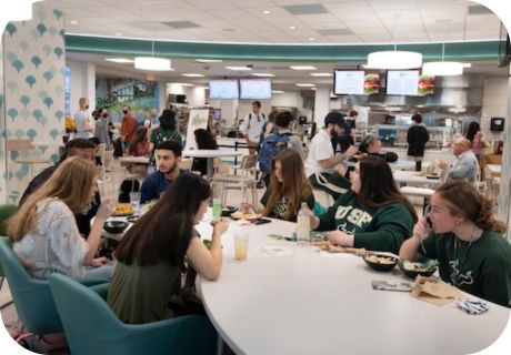 Students at a table eating a meal at an on-campus dining hall