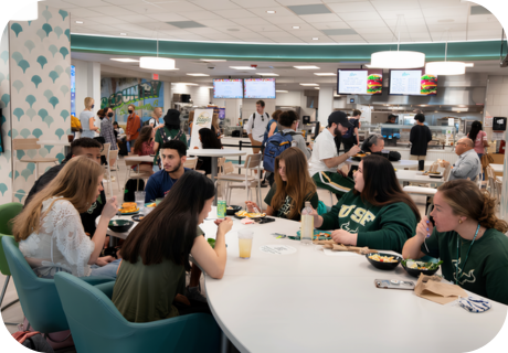 Students at a table eating a meal at an on-campus dining hall