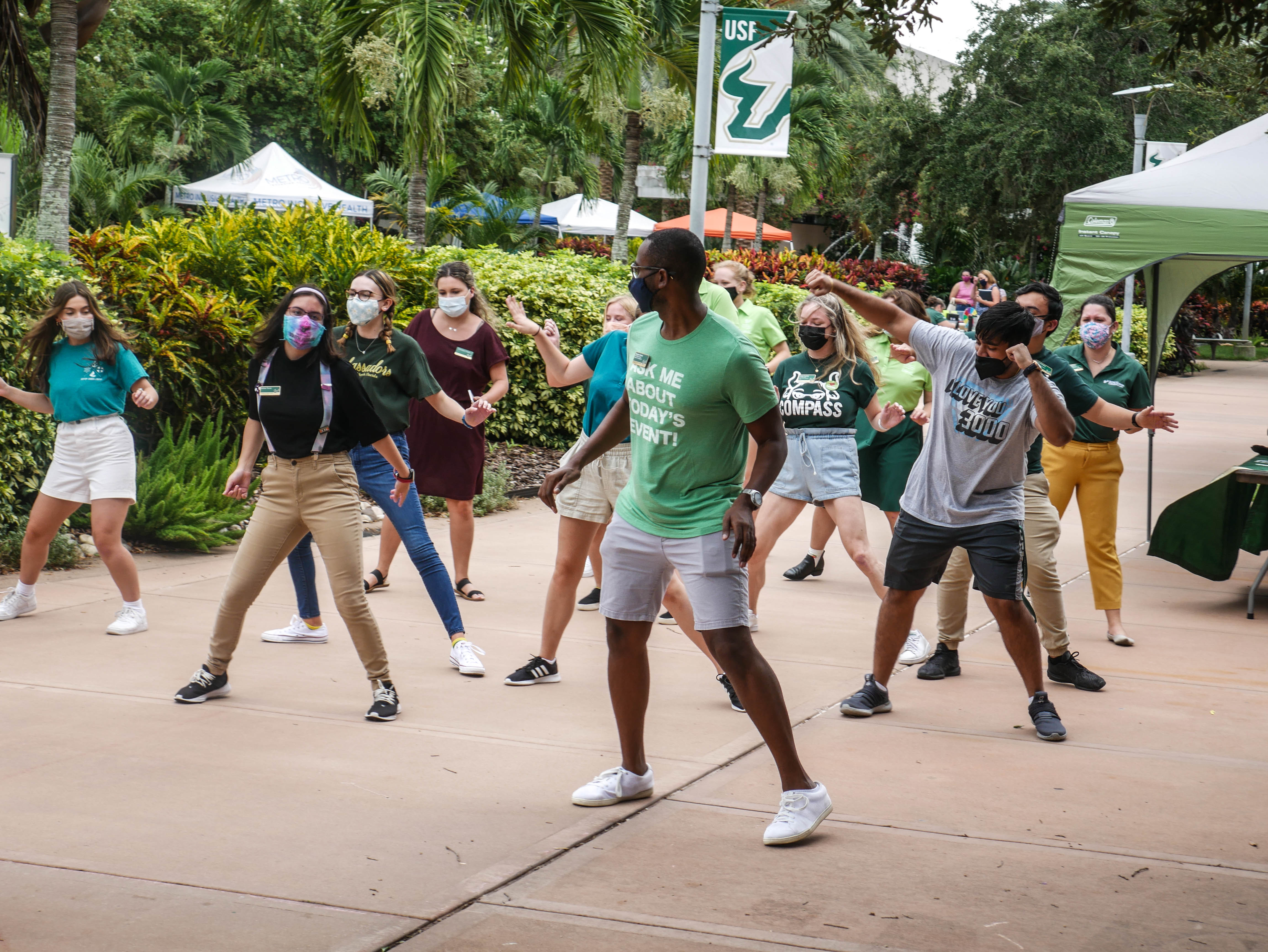 Students do the Petey Shuffle at Get on Board Day Fall 2021. 