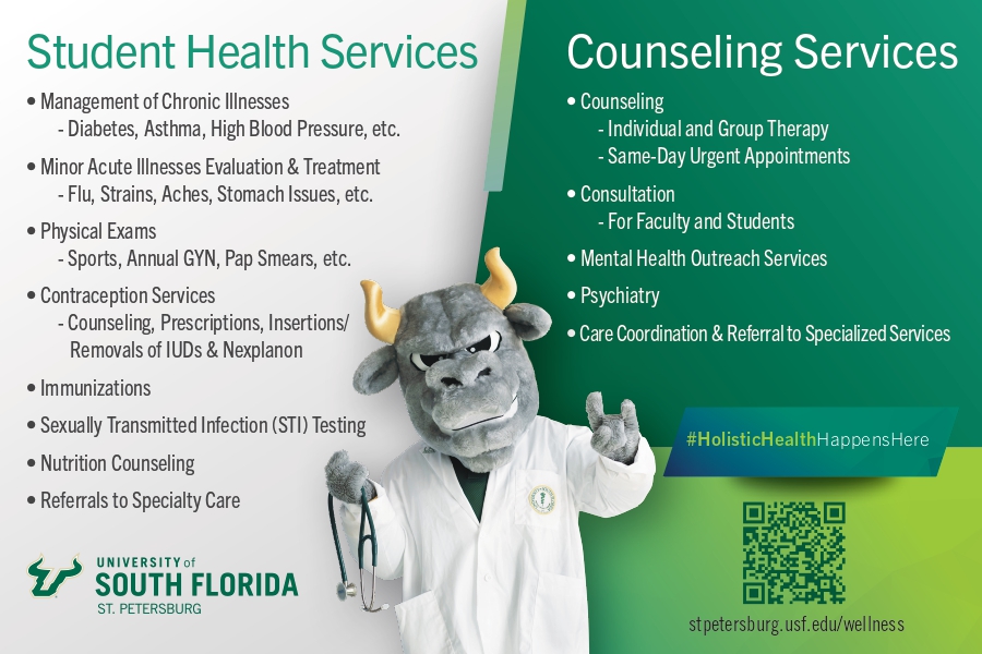 student health & counseling services with Rocky holding stethoscope