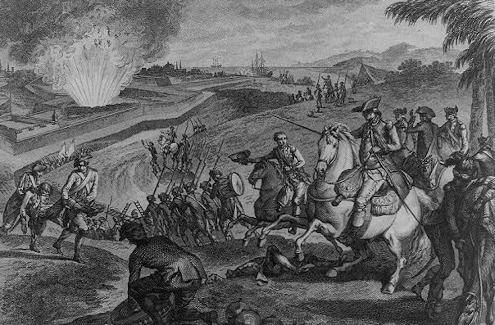 A Spanish artillery strike ignites a British powder magazine in Pensacola in 1781.