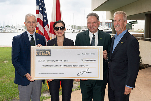 (From left to right) USF St. Petersburg Regional Chancellor Thomas Smith, U.S. Rep. Anna Paulina Luna, USF President Moez Limayem, and College of Marine Science Dean Tom Frazer