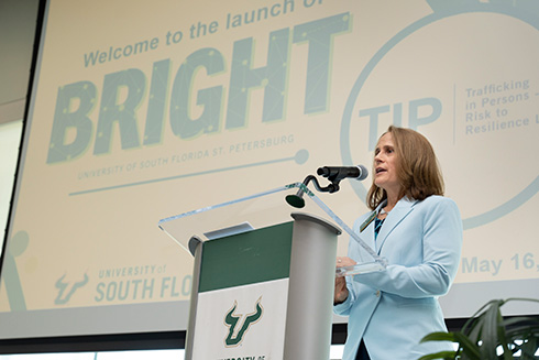 Shelly Wagers address crowd at BRIGHT launch