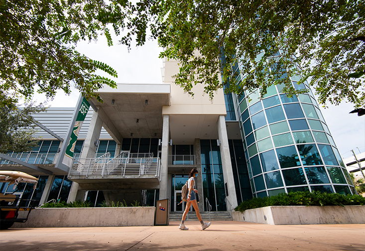 Student walking on campus