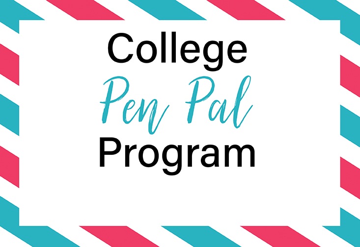 Graphic with the text: College Pen Pal Program. Sign up for a pen pal at bit.ly/collegepenpal