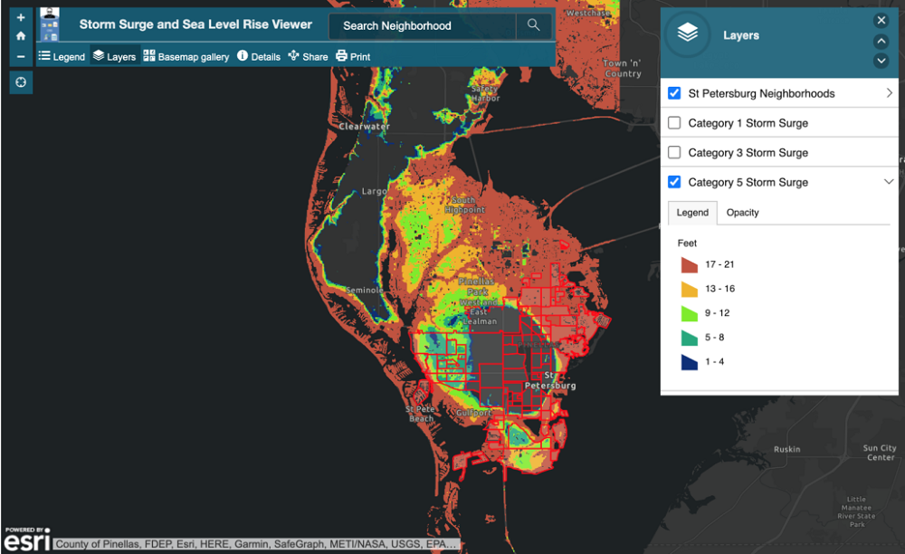 The biophysical module includes information about hurricane storm surge and sea level rise. The map here depicts the impact of Category 5 hurricane storm surge on local neighborhoods. Image: CRIS