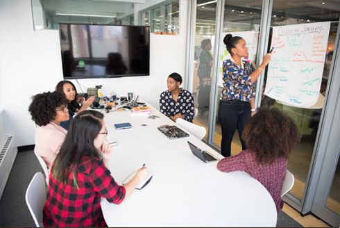 women sitting at a conference room table working together