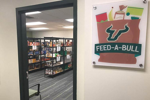 Shelves of food inside the Feed-a-Bull Pantry