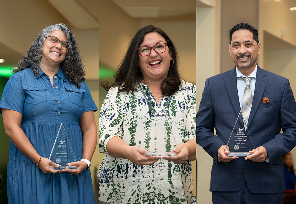 Jessica Estevez, president of the Estrategia Group; Gloria Munoz, Poet Laureate of St. Petersburg; and Eli Gonzalez, founder of the Pinellas County Hispanic Chamber of Commerce