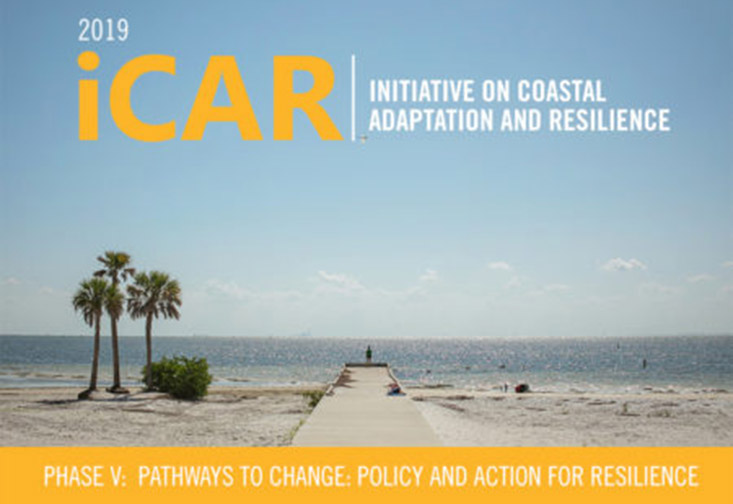 A beach with the text: "2019 iCAR Initiative on Coastal Adaptation and Resilience. Phase V: Pathways to Change: Policy and action for resilience."