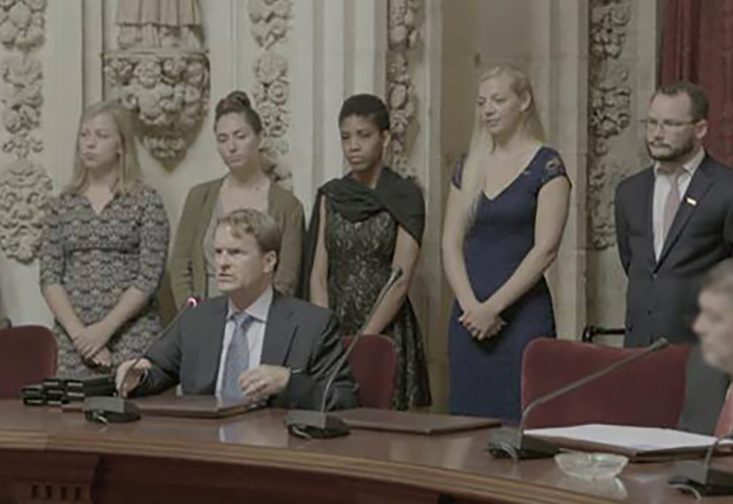 The 2016 student research team at a formal signing in Córdoba, Spain, summer 2017: Hannah Tweet; Meta Daniel; Zoghanno Richardson; Rachel Sanderson; T. E. Bryant. Seated: Dr. J. Michael Francis. Photo taken by Philip Belcastro