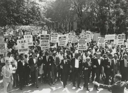 Civil rights leaders leaders join the March on Washington in 1963.