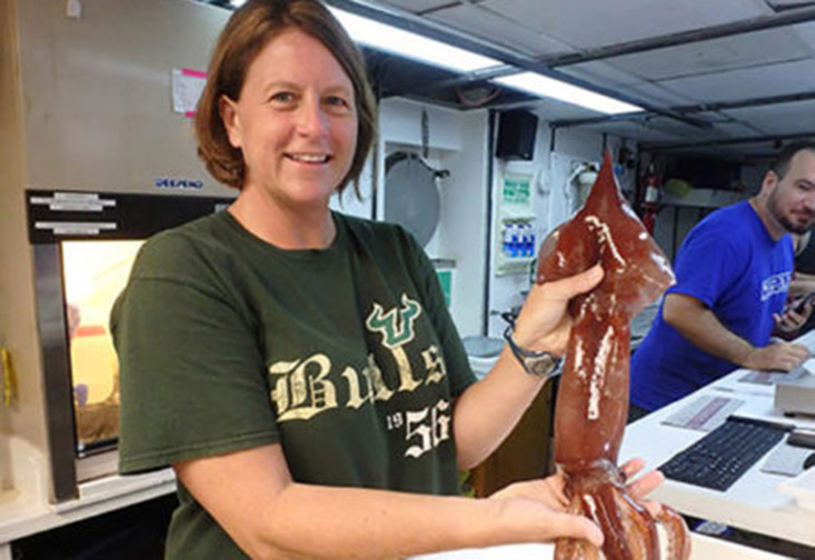 Professor Heather Judkins on board a research vessel in the Gulf of Mexico analyzing a recently captured squid.