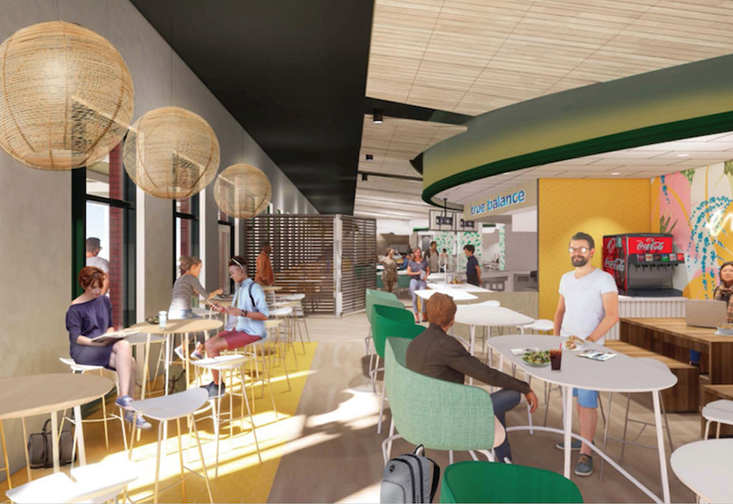Artist rendering of people eating at the new dining facility