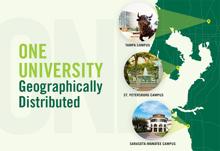 Map of the Tampa Bay area showing all three campuses with the text "One University Geographically Distributed"