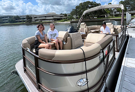 A new pontoon boat allows for a wide range of water activities such as cruising, fishing and overnight camping.