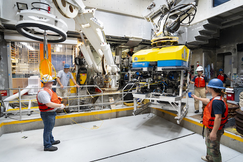 Crew members work to deploy new ROV Taurus.