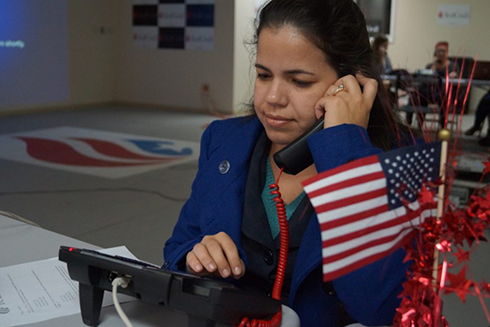 Student working a phone bank for a political candidate