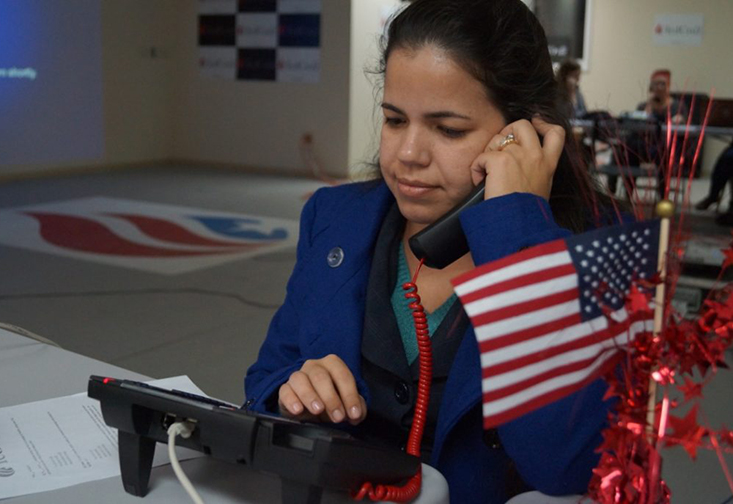 Student working a phone bank for a political candidate