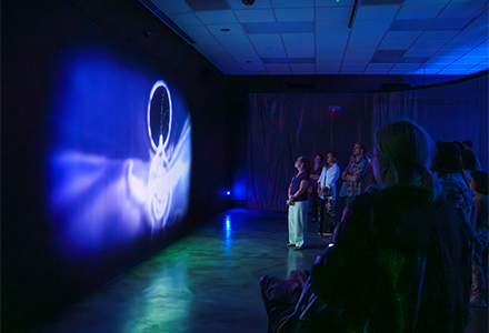 The Vertical Migration viewer responsive animation is featured during the new art exhibition by SUPERFLEX.