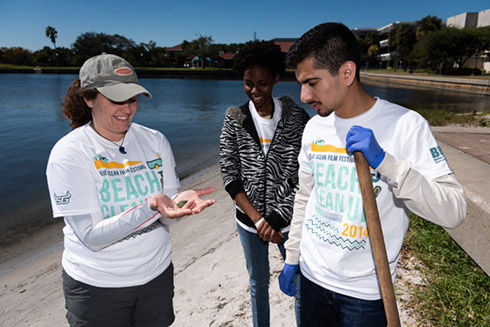 Students cleaning up the beach area on campus