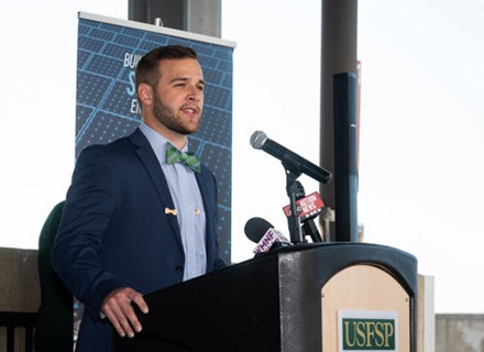Student T.J. Broecker, past president of the Student Green Energy Fund and actively involved in the University’s sustainability initiatives, who spoke at the event.